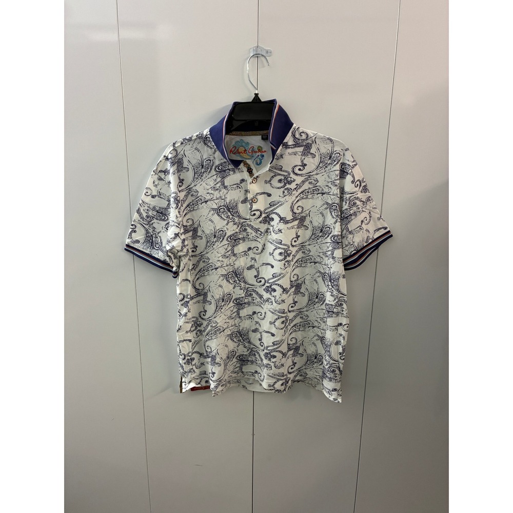 Robert Graham Mens White Navy Paisley Short Sleeve Polo Shirt Size Medium